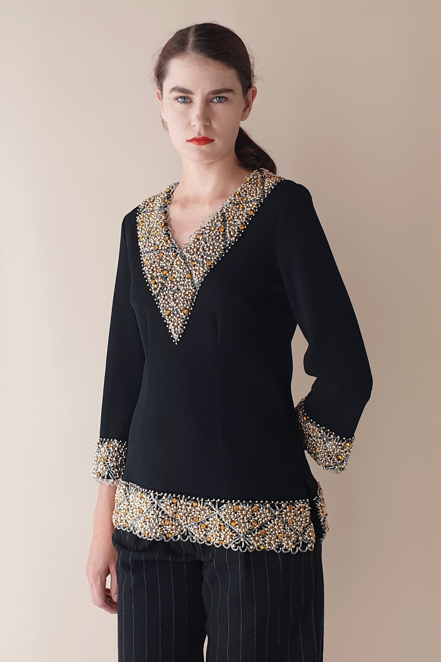 Spectacular vintage beaded wool top Size 8