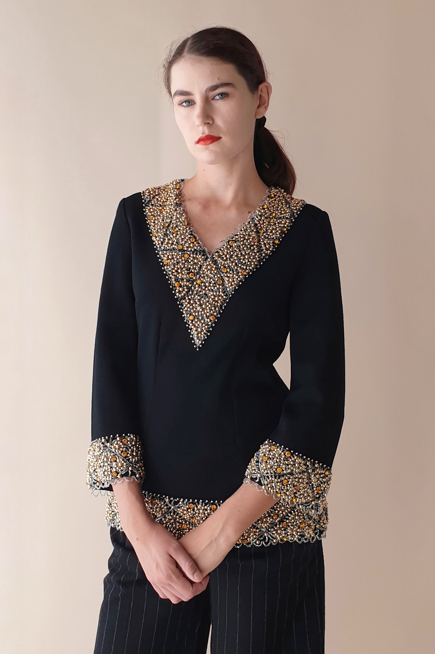 Spectacular vintage beaded wool top Size 8